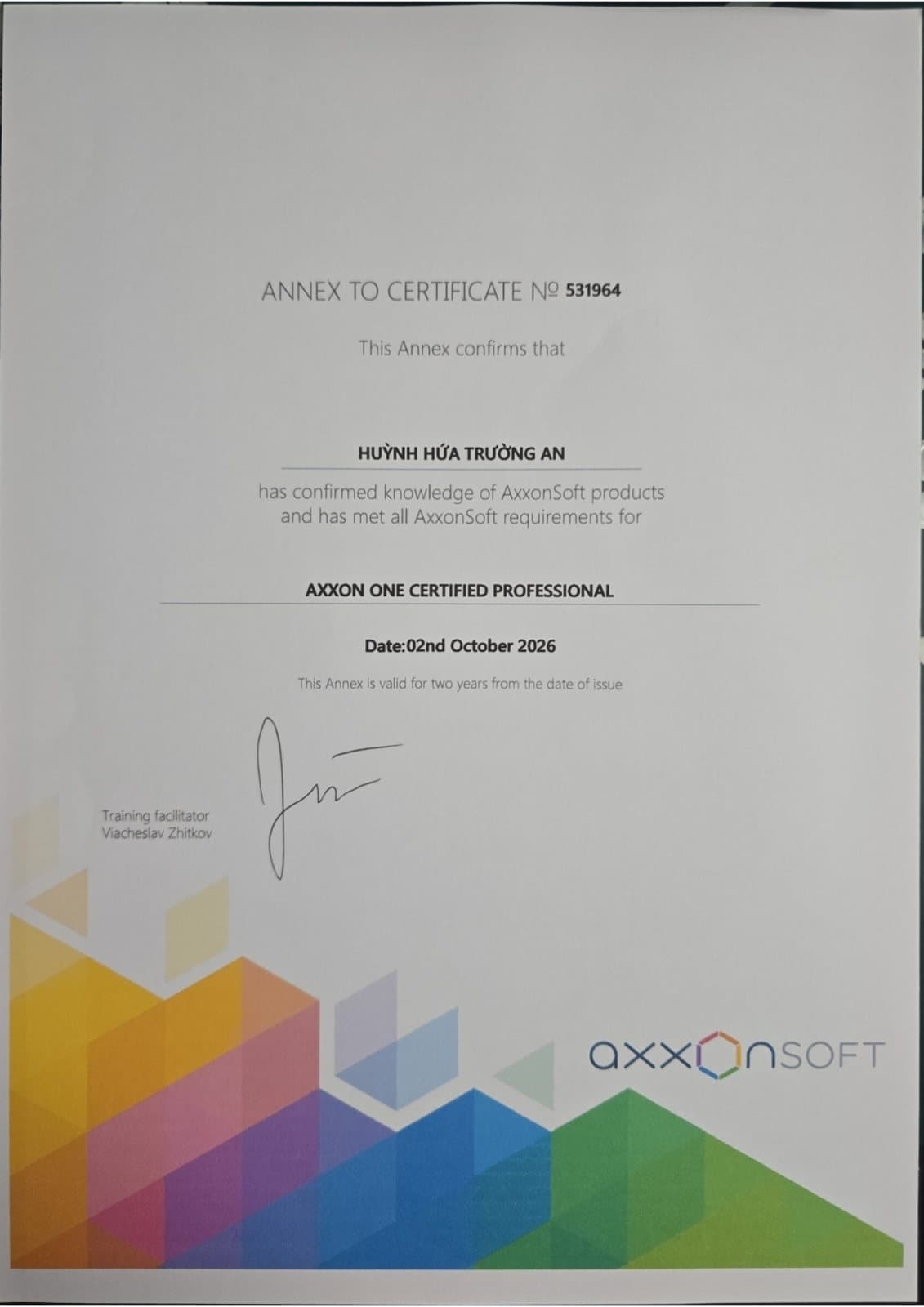 Phụ lục chứng chỉ Axxon One Certified Professional