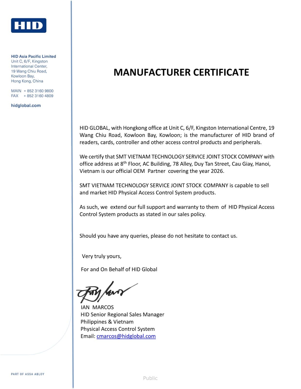 Manufacturer Certificate: OEM Partner năm 2026