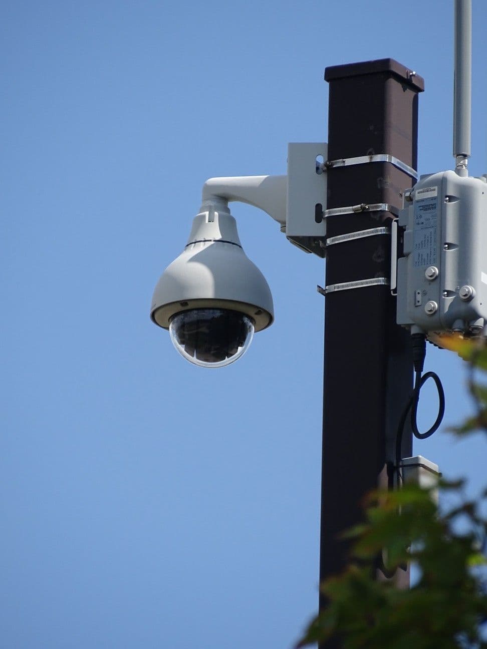 Dome surveillance camera mounted on an outdoor pole