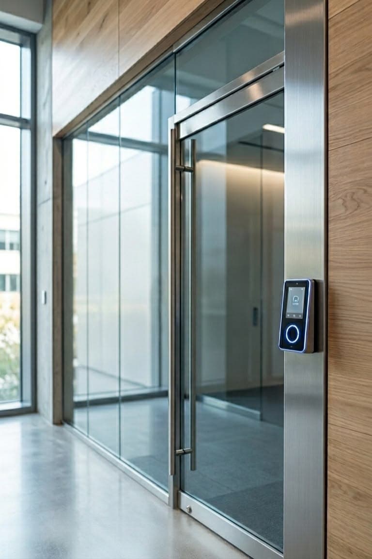 Automatic glass door with an access control reader mounted beside it