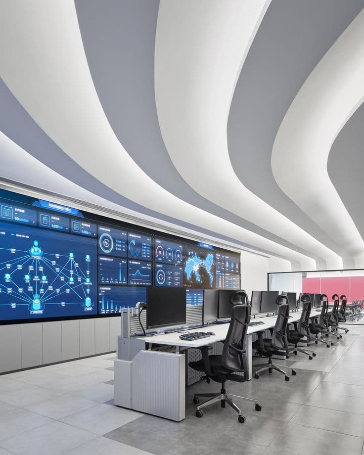 Control room with large screens showing the surveillance system